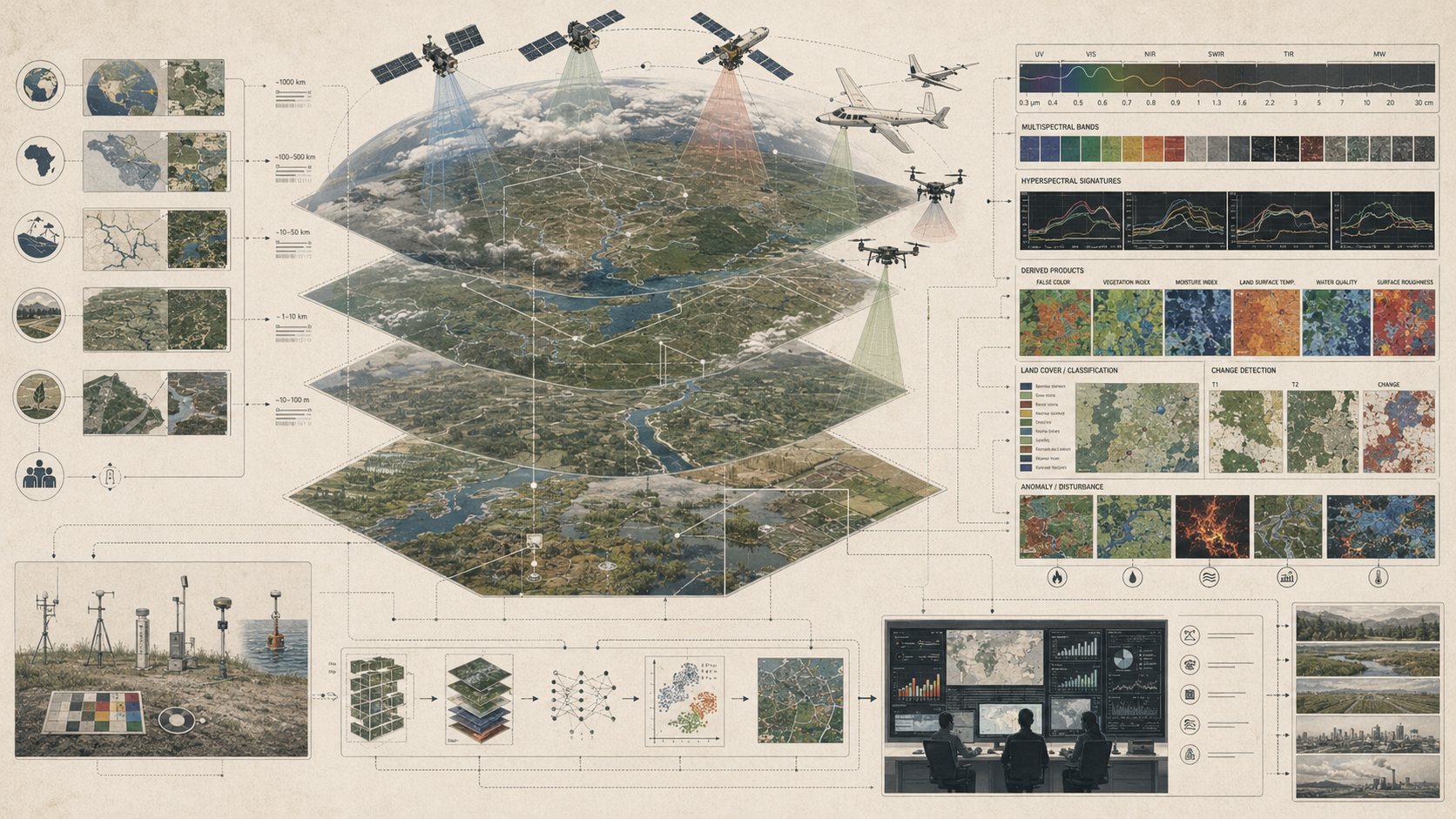 Remote sensing systems diagram showing satellites, aircraft, drones, nested map scales, spectral bands, field validation, change detection, and environmental monitoring workflows.