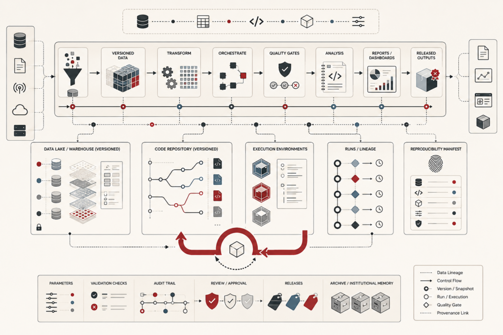 Conceptual data-systems illustration showing a reproducible analytics workflow with versioned data, code repositories, execution environments, lineage, quality gates, audit trails, and rerunnable outputs.