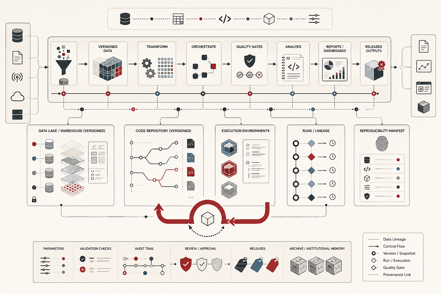 Conceptual data-systems illustration showing a reproducible analytics workflow with versioned data, code repositories, execution environments, lineage, quality gates, audit trails, and rerunnable outputs.