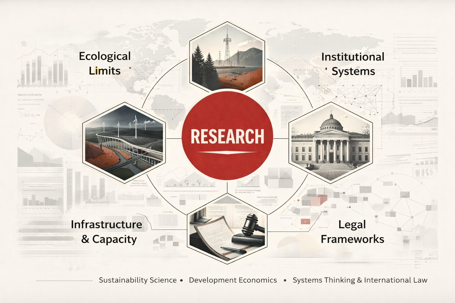 Research diagram showing ecological limits, institutional systems, infrastructure and capacity, and legal frameworks connected around a central research hub.