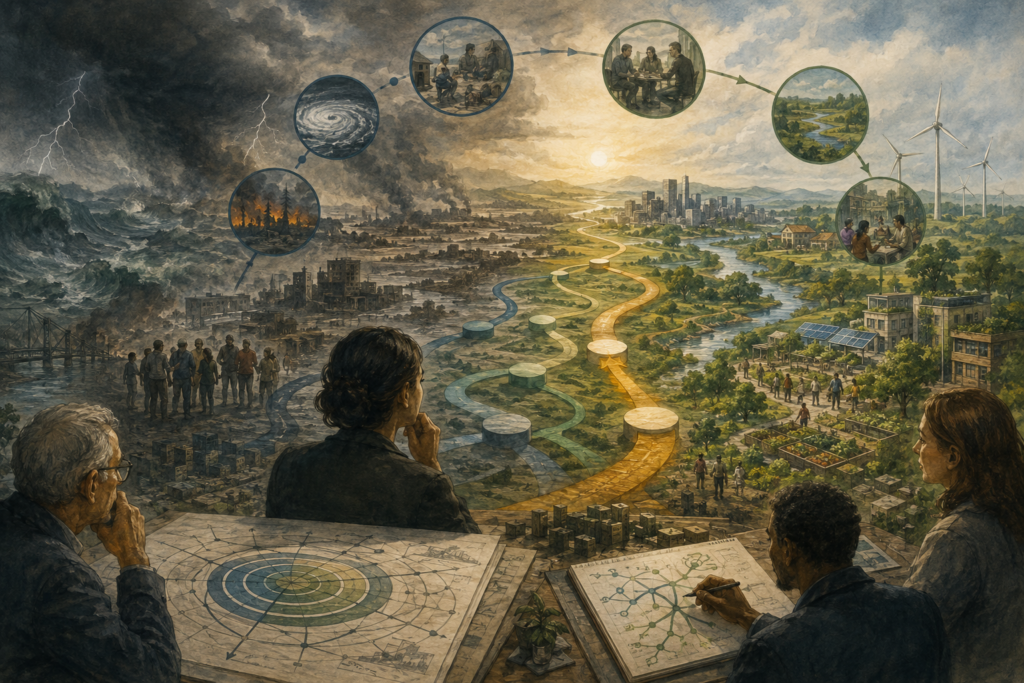 Painterly editorial illustration of long-horizon decision-making with planners, branching adaptive pathways, climate stress, urban change, ecological recovery, infrastructure, and resilient futures.