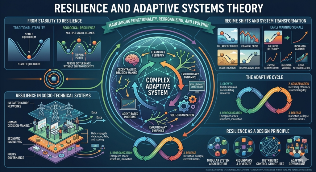 Infographic explaining resilience and adaptive systems theory, showing adaptive cycles, regime shifts, complex adaptive systems, and resilience design principles in socio-technical systems.