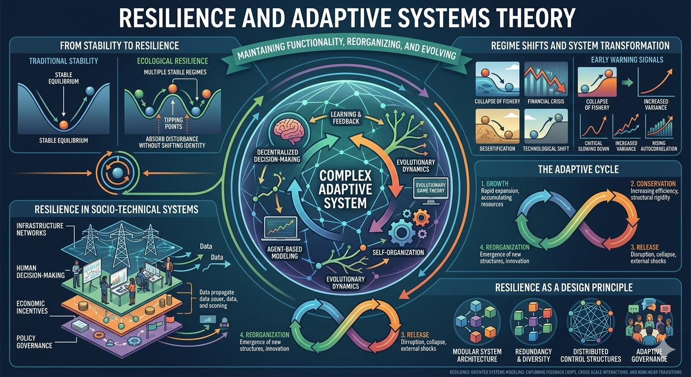 Infographic explaining resilience and adaptive systems theory, showing adaptive cycles, regime shifts, complex adaptive systems, and resilience design principles in socio-technical systems.