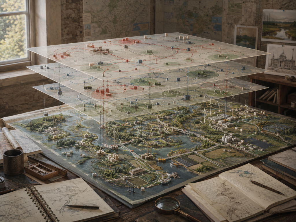Layered systems model on a research table showing waterways, infrastructure, renewable energy, settlements, ecological zones, adaptive pathways, feedback networks, and translucent analytical planes.