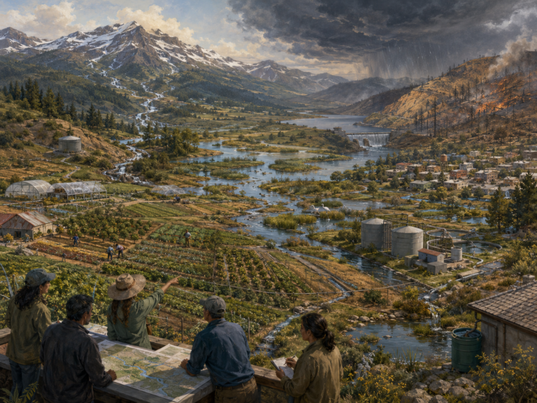 Panoramic illustration of a mountain watershed with farms, wetlands, water infrastructure, reservoirs, irrigation, food production, wildfire risk, storm clouds, and planners reviewing maps.