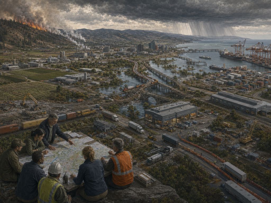 Panoramic illustration of a storm-stressed port and logistics corridor with ships, cranes, rail lines, warehouses, trucks, damaged infrastructure, wildfire, flooding, and planners reviewing supply-chain maps.