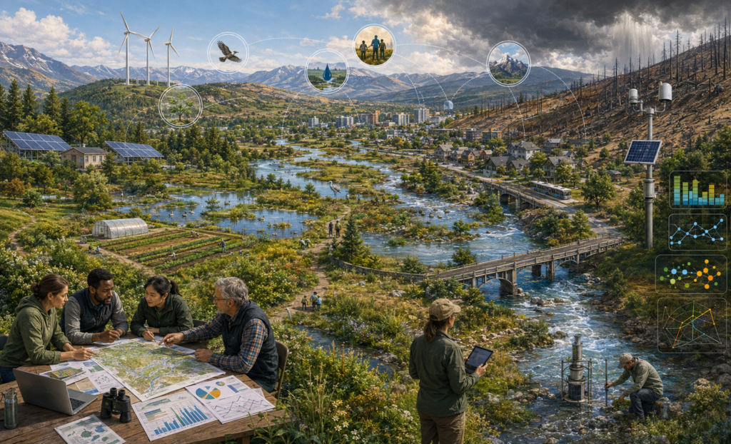 Panoramic systems illustration of a monitored river valley with wetlands, farms, renewable energy, bridges, ecological restoration, storm disturbance, and planners assessing resilience.