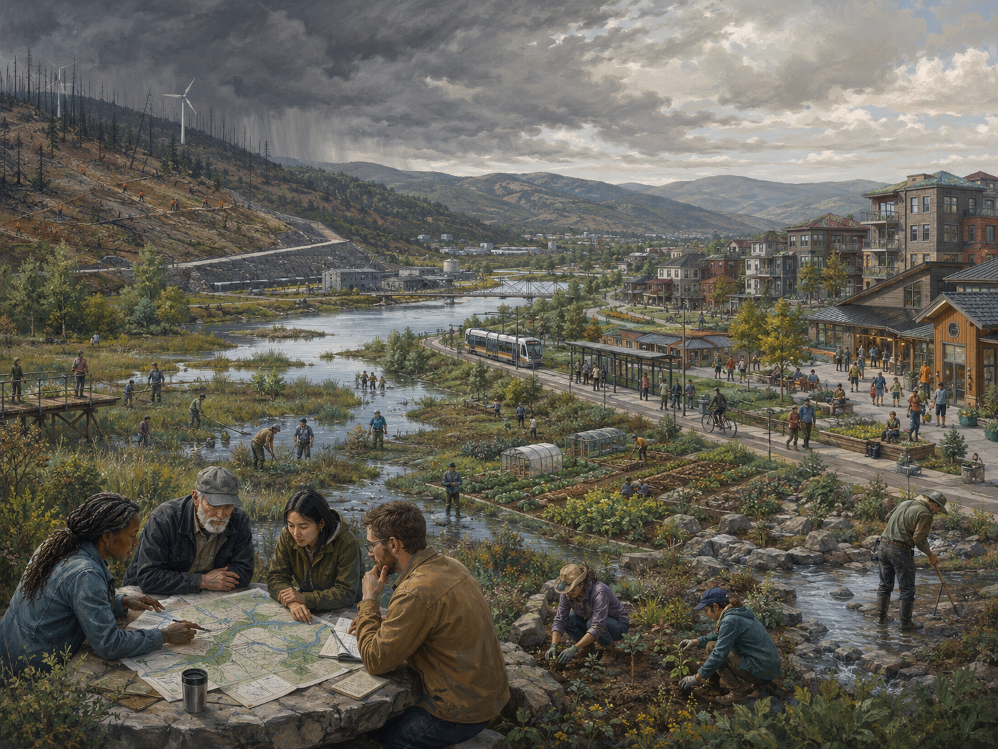 Panoramic illustration of a riverside community with restored wetlands, farms, transit, housing, public spaces, renewable energy, burned hillsides, storm clouds, and residents planning sustainable recovery.