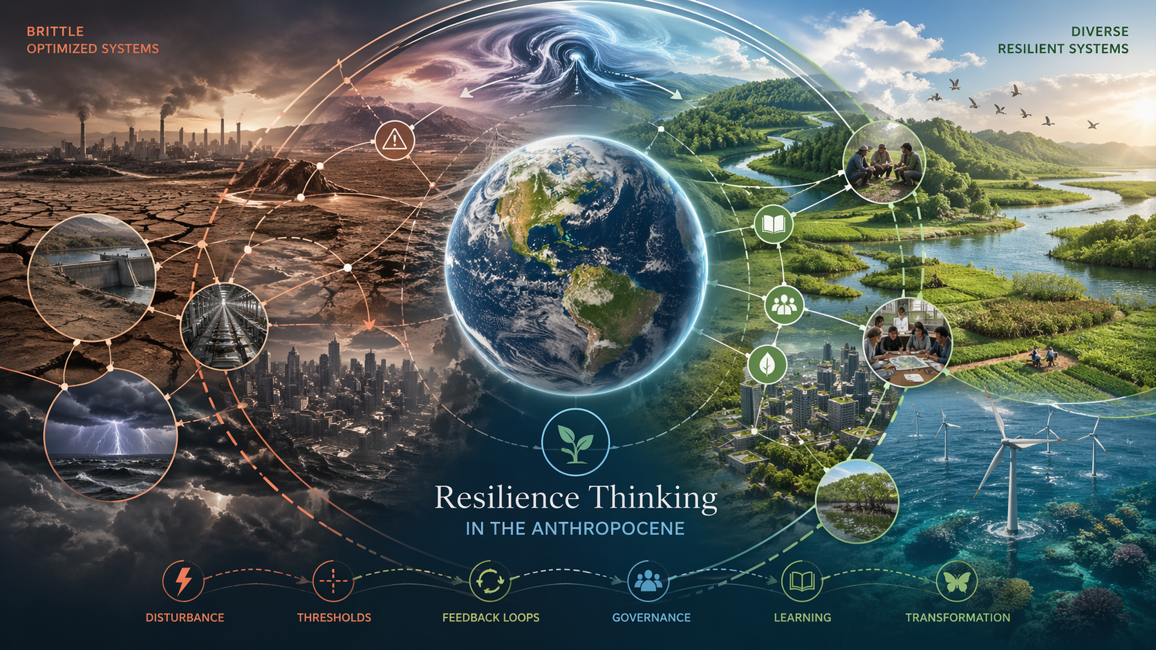 Editorial sustainability illustration showing resilience thinking in the Anthropocene through interconnected social, ecological, infrastructure, and governance systems adapting under planetary pressure.