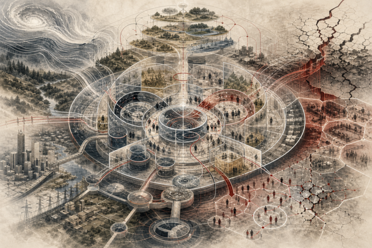 Editorial scientific illustration of resilience thinking as a viability-under-disturbance systems architecture, showing shocks, stress, adaptive capacity, recovery, transformation, thresholds, feedback loops, redundancy, diversity, infrastructure resilience, community resilience, governance capacity, vulnerability, equity, and long-term viability.