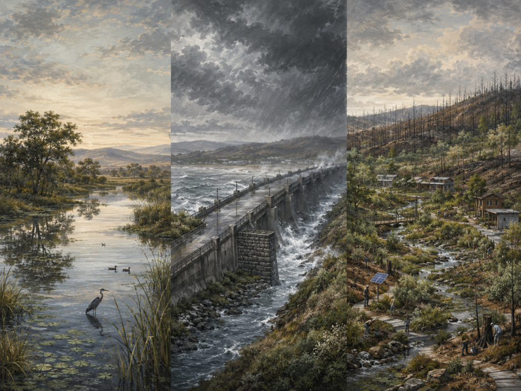 Triptych-style editorial illustration comparing a stable wetland, a robust storm-resistant bridge, and a resilient recovering landscape after disturbance.