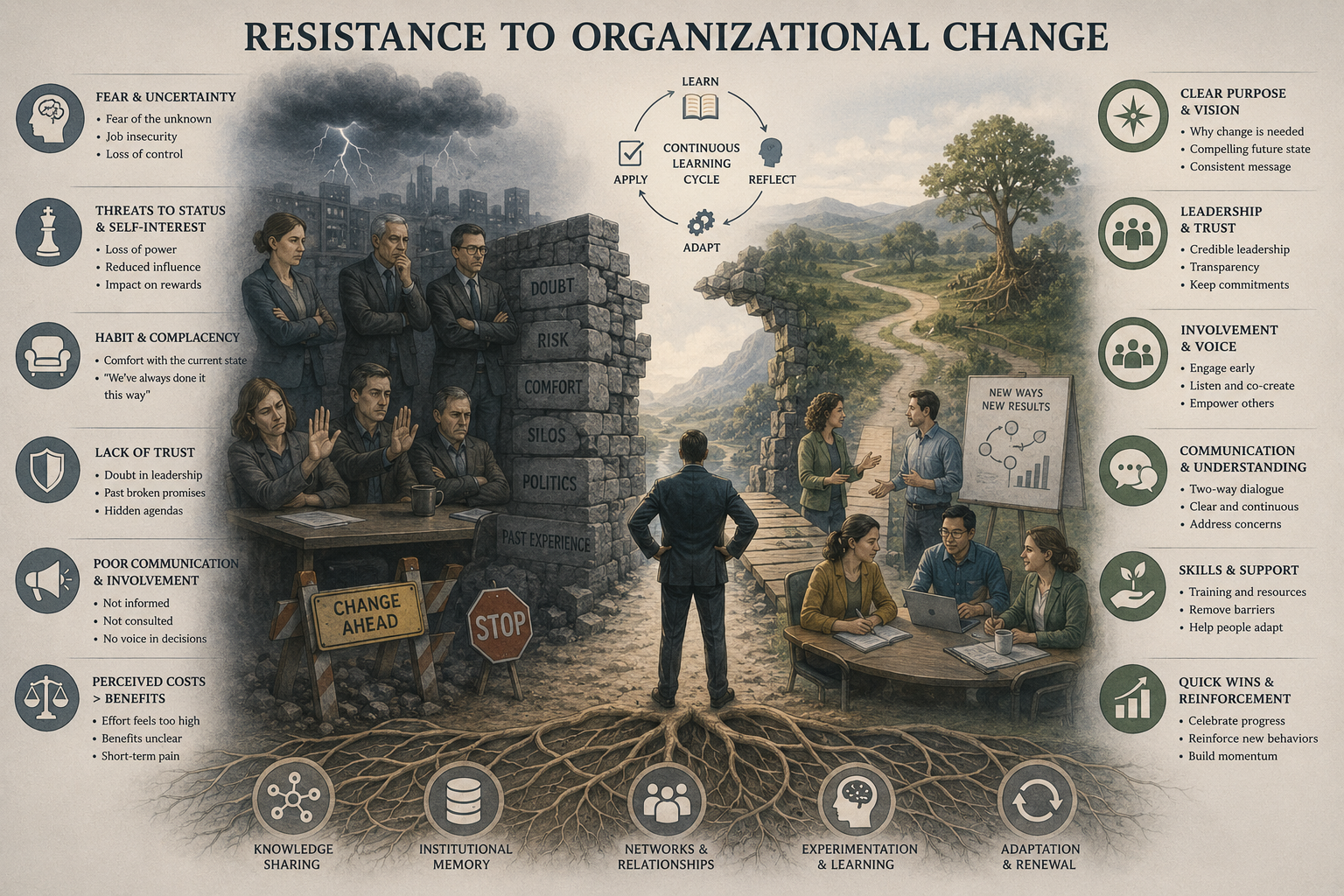 Institutional infographic showing resistance to organizational change, with barriers, uncertainty, distrust, stakeholder hesitation, leadership communication, learning cycles, and adaptive pathways.