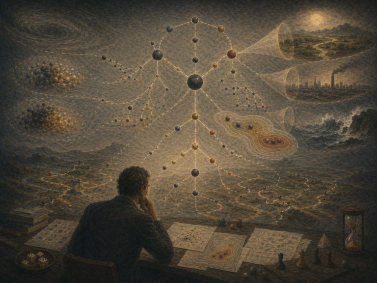 Painterly editorial illustration of risk analysis with probability networks, branching uncertainty paths, contour maps, outcome clusters, dice, risk landscapes, and a reflective analyst.