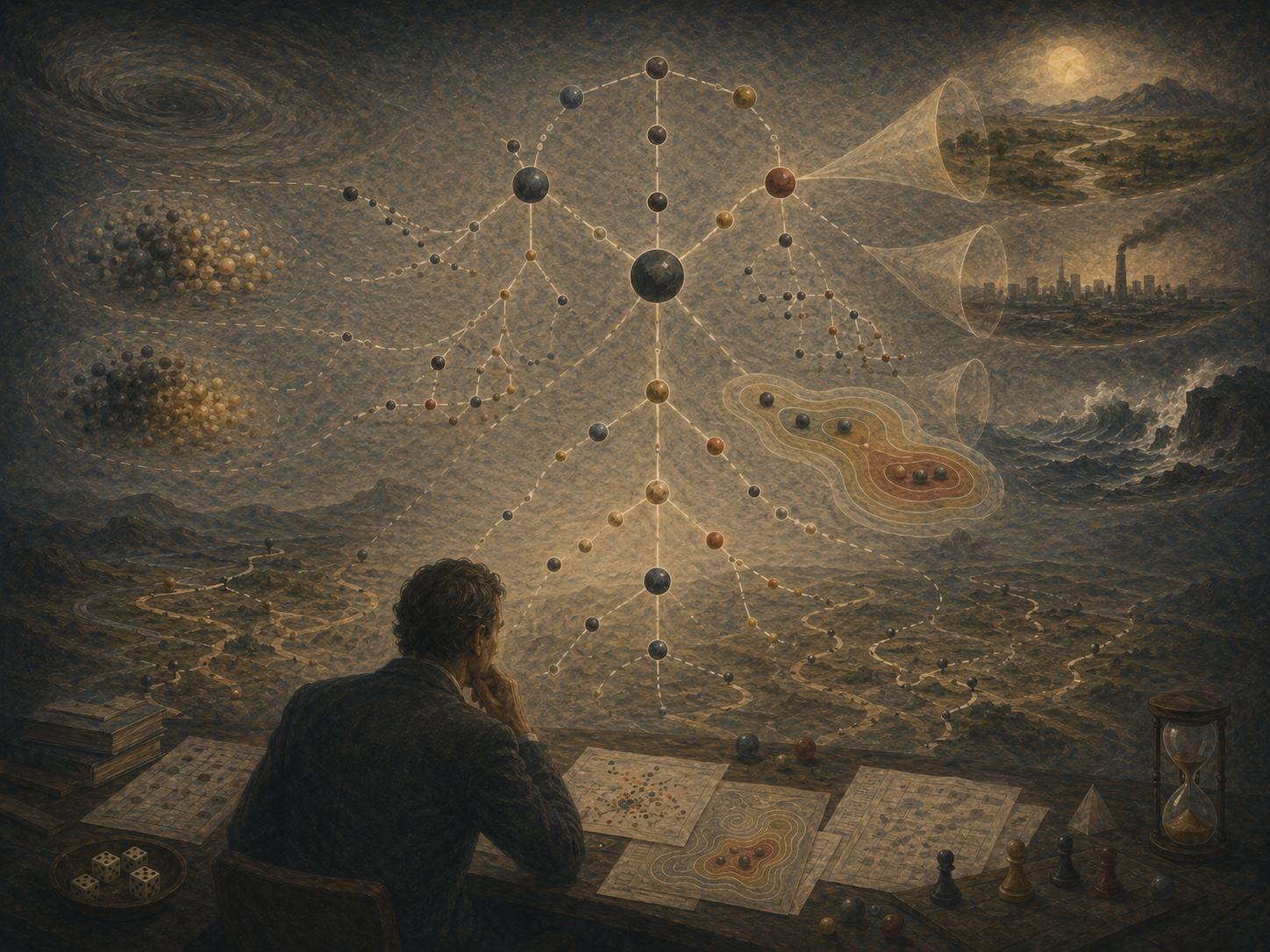 Painterly editorial illustration of risk analysis with probability networks, branching uncertainty paths, contour maps, outcome clusters, dice, risk landscapes, and a reflective analyst.