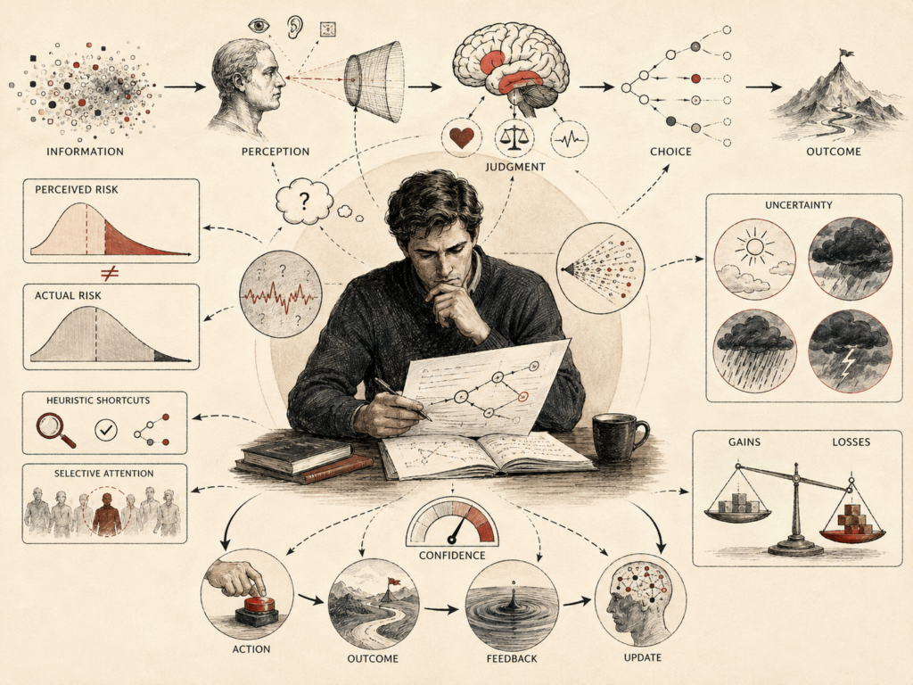 Restrained institutional illustration showing human decision making under uncertainty, with information, perception, judgment, risk estimates, heuristic shortcuts, selective attention, confidence, gains, losses, choices, outcomes, feedback, and belief updating.