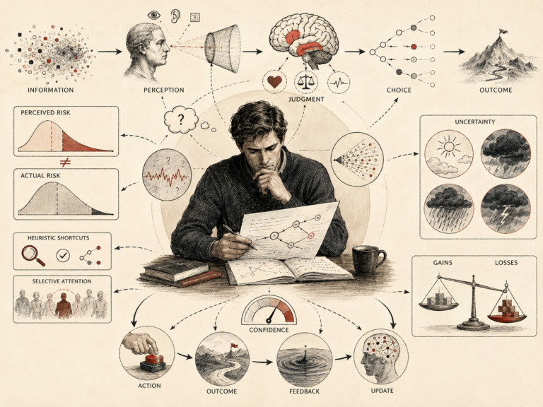 Restrained institutional illustration showing human decision making under uncertainty, with information, perception, judgment, risk estimates, heuristic shortcuts, selective attention, confidence, gains, losses, choices, outcomes, feedback, and belief updating.