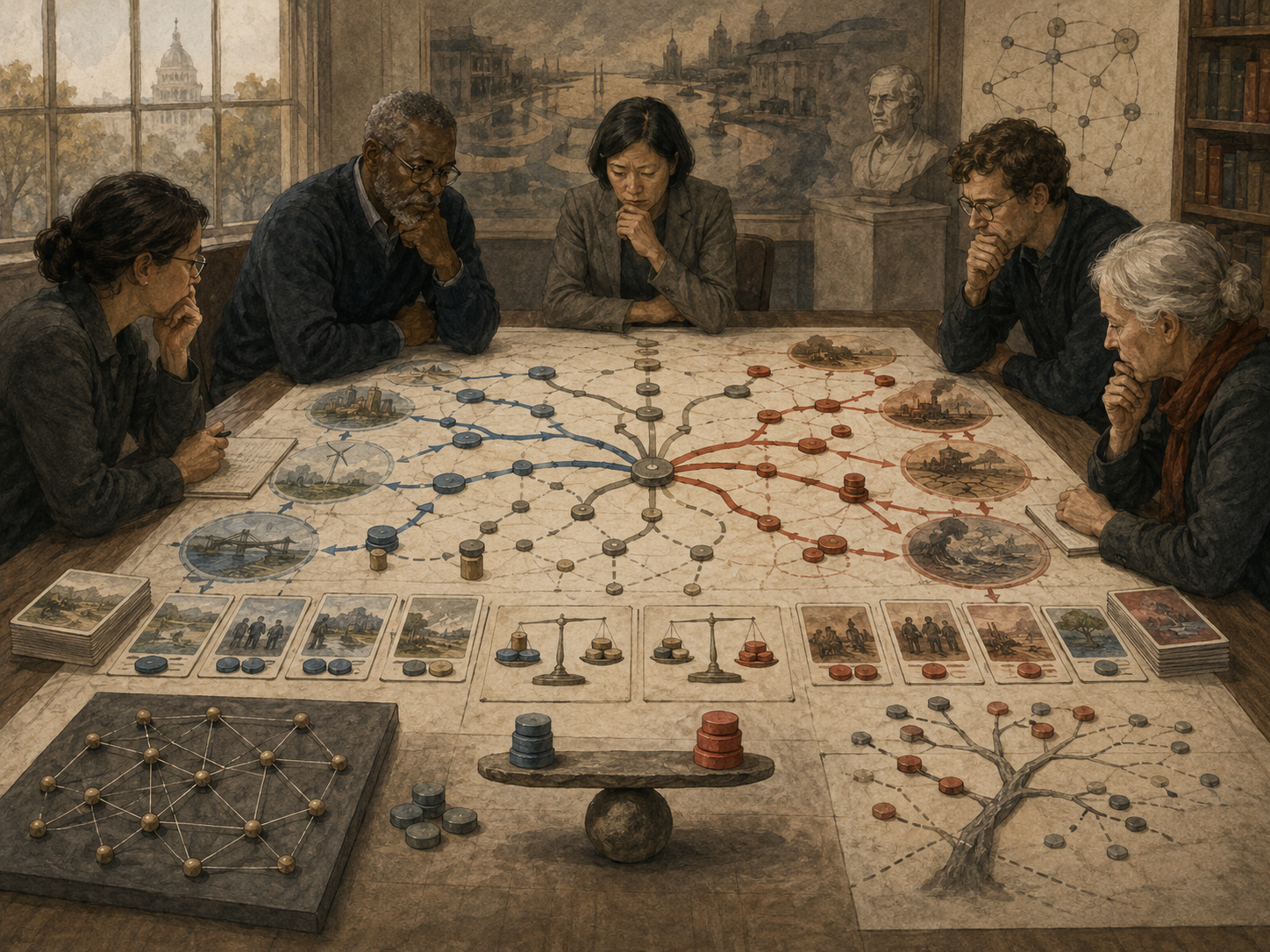 Strategists examine branching decision paths, risk outcomes, trade-off scales, tokens, and scenario cards on a large planning table.