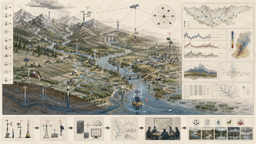 Basin-scale watershed monitoring diagram showing mountain headwaters, rivers, wetlands, stream gauges, groundwater wells, telemetry links, data platforms, hydrological analytics, and governance review.