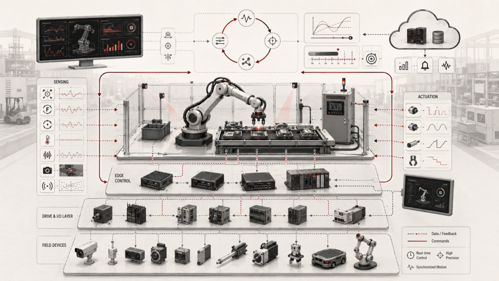Industrial robotics control architecture showing sensing, actuation, edge control, field devices, and closed-loop physical feedback across an automated workcell.