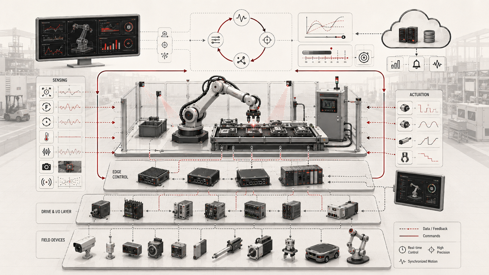 Industrial robotics control architecture showing sensing, actuation, edge control, field devices, and closed-loop physical feedback across an automated workcell.