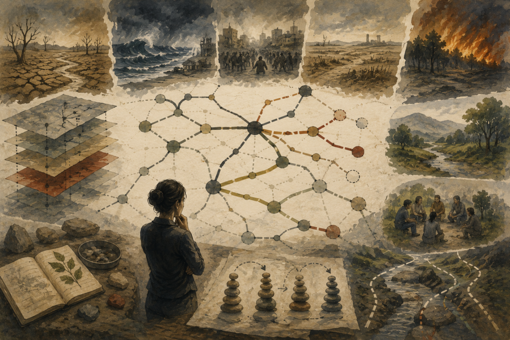 Watercolor editorial illustration of robust decision-making with branching pathways, weighted nodes, scenario layers, drought, storms, institutional stress, ecological recovery, and adaptive choices across uncertain futures.