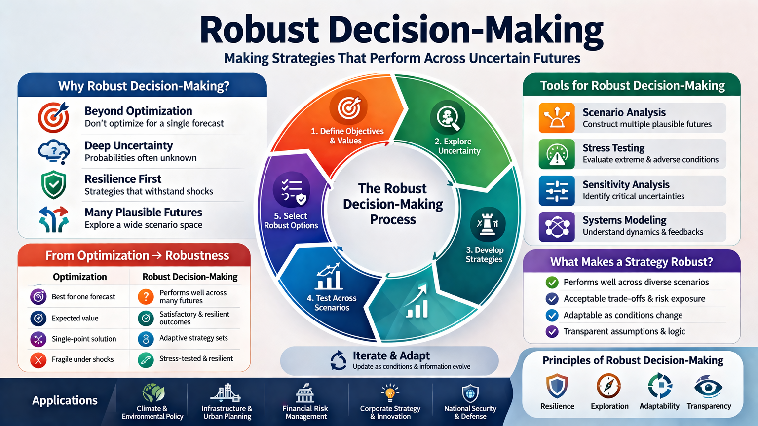 Infographic explaining robust decision-making in decision science, including scenario analysis, resilience, adaptability, and evaluating strategies across uncertain futures