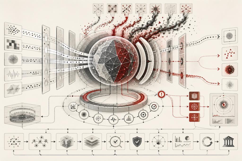 Abstract editorial illustration of machine learning robustness showing a central model core, adversarial perturbation streams, corrupted inputs, verification gates, monitoring loops, fallback pathways, and governance checkpoints.