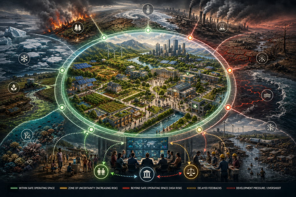 Cinematic sustainability illustration of a safe operating space for long-run development, showing a resilient human settlement within a planetary boundary surrounded by climate stress, pollution, biodiversity loss, water pressure, ecological degradation, governance planning, and uneven exposure.