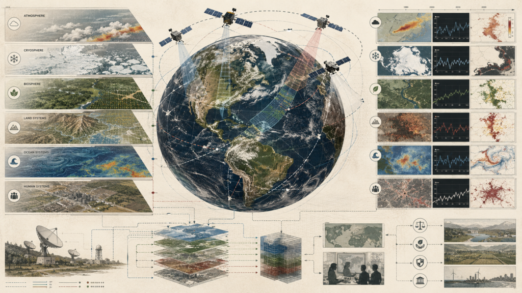 Earth observation systems diagram showing satellites, orbital sensing, atmosphere, cryosphere, biosphere, land, ocean, human systems, data layers, and planetary change evidence.