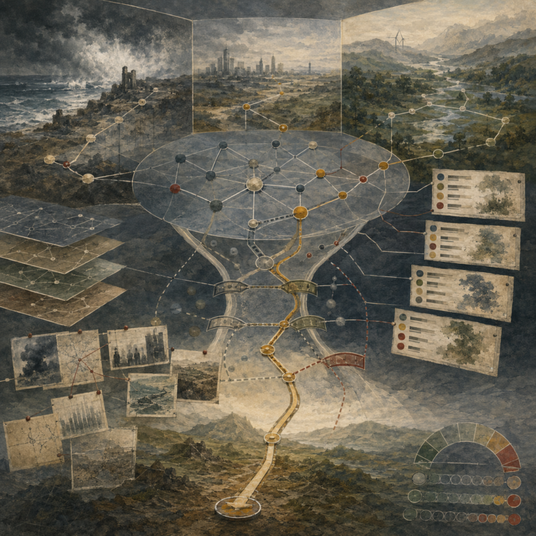 Painterly editorial illustration of scenario evaluation and strategic choice with branching pathways, scenario landscapes, weighted nodes, evaluation panels, uncertainty markers, and a selected decision route.