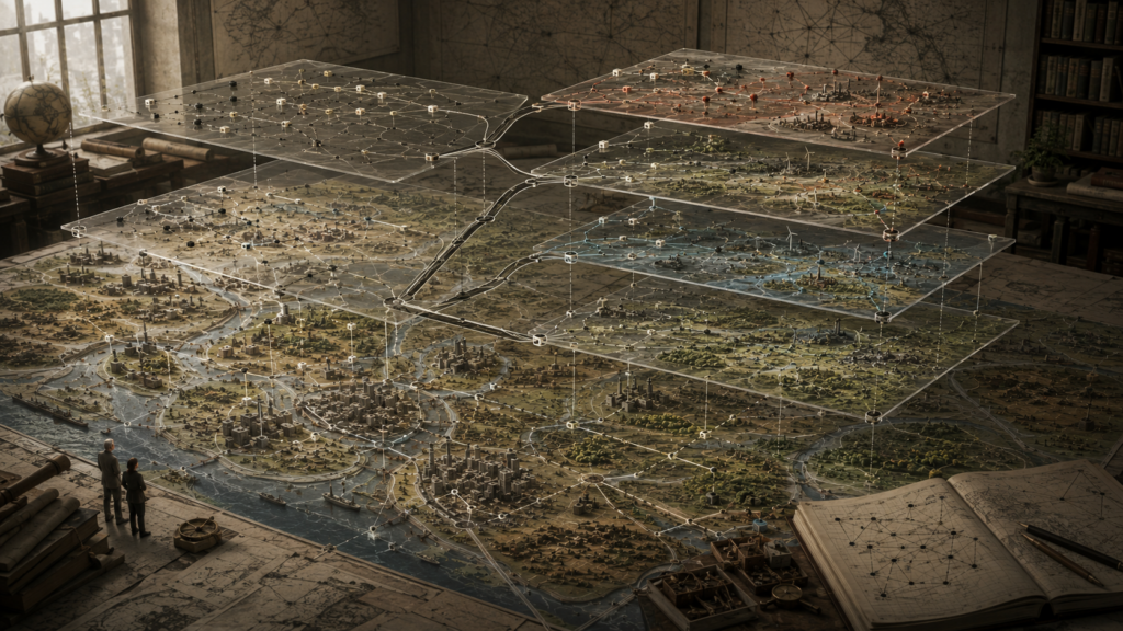 Layered scenario simulation model showing a large regional landscape with cities, waterways, infrastructure, forests, industrial zones, and multiple translucent future pathways branching above it.