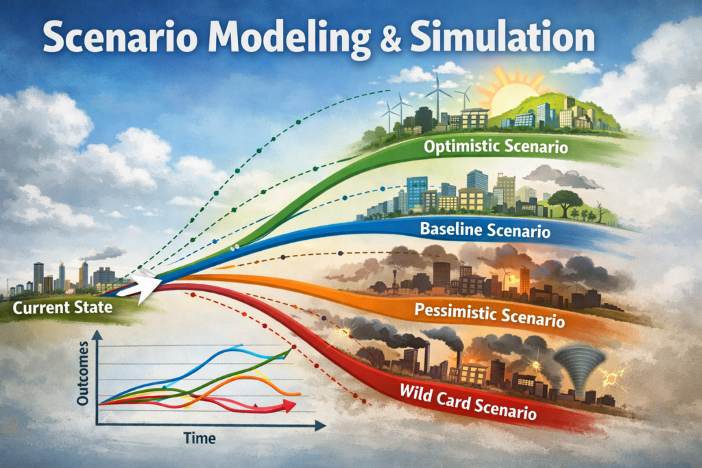 Illustration showing scenario modeling with branching future pathways from a current state into optimistic, baseline, pessimistic, and wild card scenarios.
