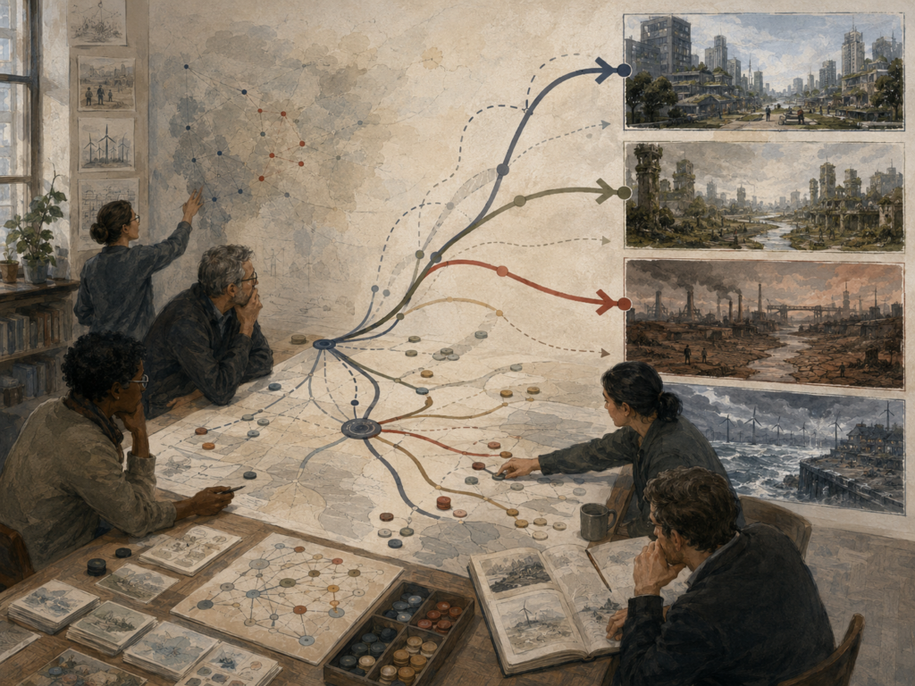 Researchers study branching future pathways, scenario maps, uncertainty markers, and visual panels showing different possible outcomes.