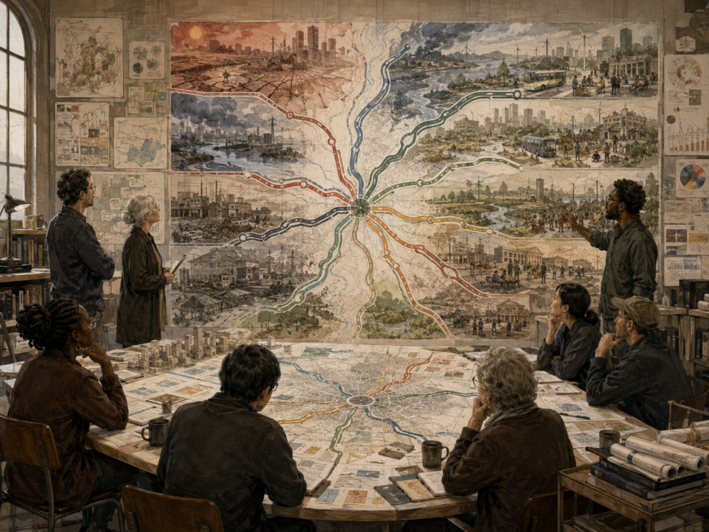 A diverse planning group studies branching scenario pathways across cities, infrastructure, climate risks, public institutions, and ecological systems.