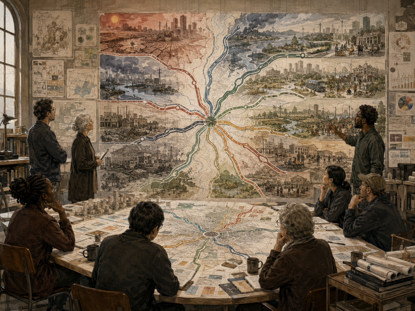 A diverse planning group studies branching scenario pathways across cities, infrastructure, climate risks, public institutions, and ecological systems.