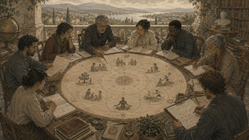 Restrained institutional illustration of scholars examining a circular well-being measurement diagram, symbolizing how positive psychology studies flourishing, life satisfaction, meaning, and resilience.