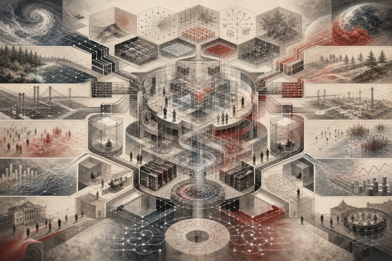 Editorial scientific illustration of scientific computing for systems modeling as a computational architecture, showing data-flow pathways, numerical grids, algorithmic chambers, simulation loops, parameter sweeps, uncertainty envelopes, calibration bridges, validation checkpoints, structured output vaults, climate simulation fields, ecological monitoring, infrastructure networks, epidemiological pathways, governance systems, and responsible computational interpretation.