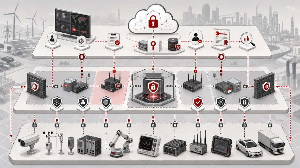 Layered embedded and edge systems security architecture showing protected devices, segmented networks, secure gateways, cloud controls, and policy enforcement.