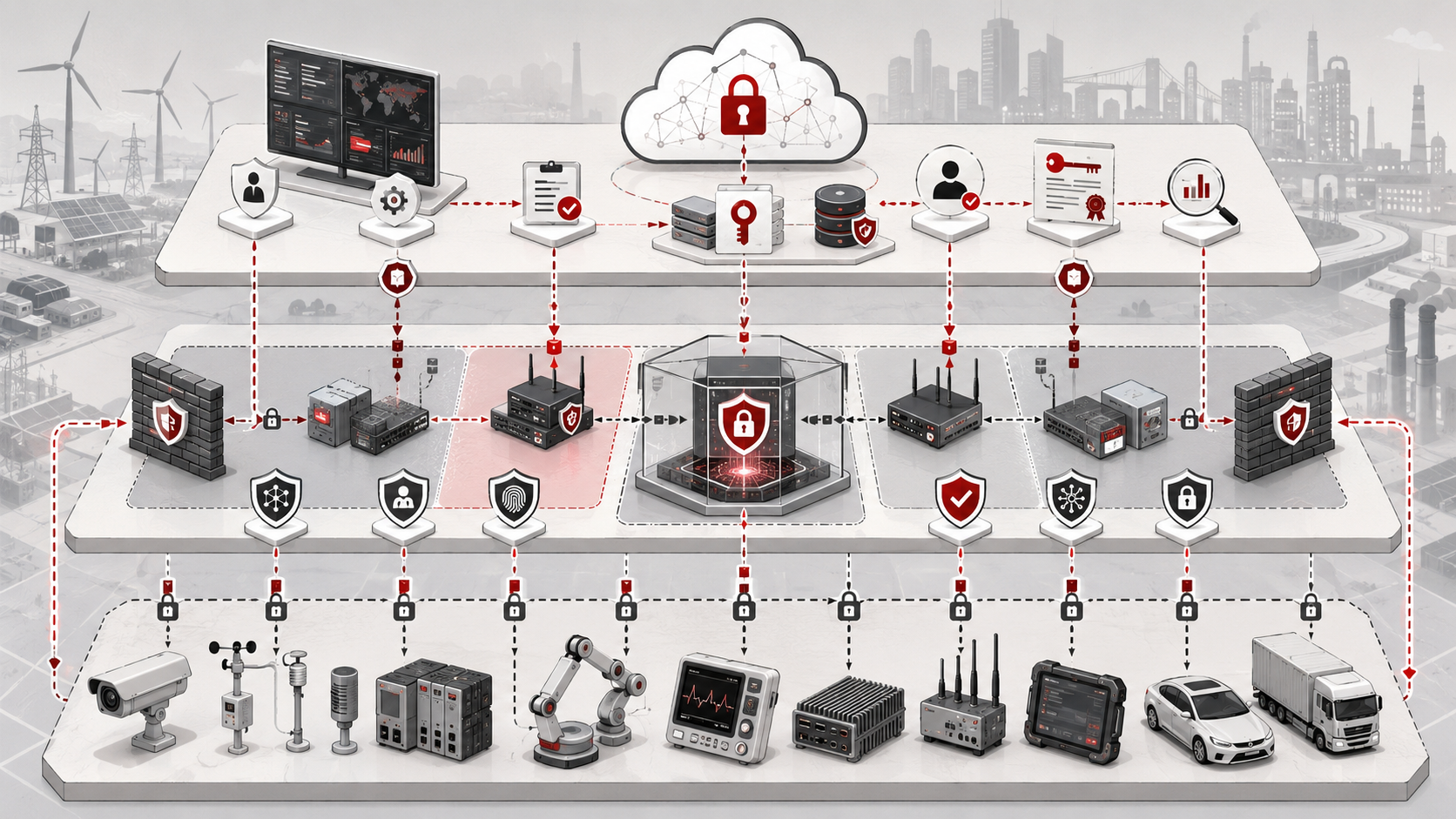 Layered embedded and edge systems security architecture showing protected devices, segmented networks, secure gateways, cloud controls, and policy enforcement.