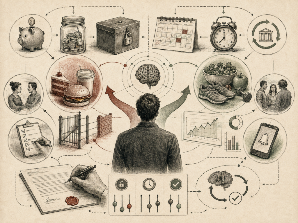 Editorial systems illustration showing self-control and commitment devices through savings, locked choices, calendars, reminders, contracts, temptation, healthy habits, accountability, and behavioral feedback loops.