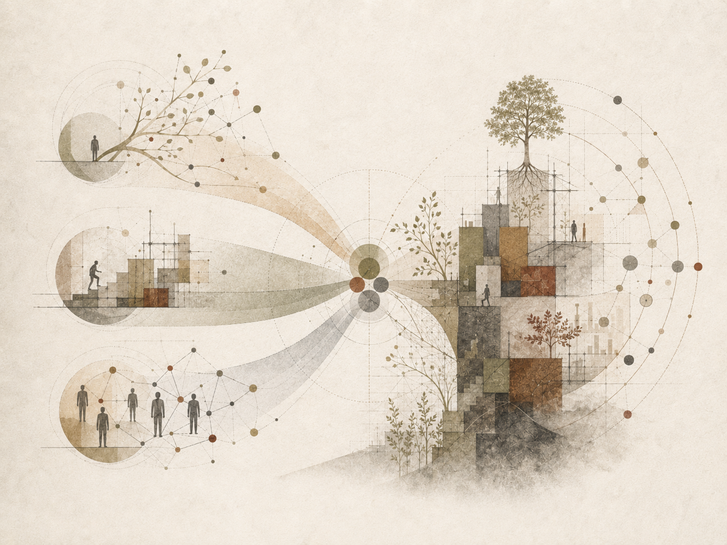 Restrained academic illustration showing three connected pathways for autonomy, competence, and relatedness converging into structures of growth, motivation, and wellbeing.