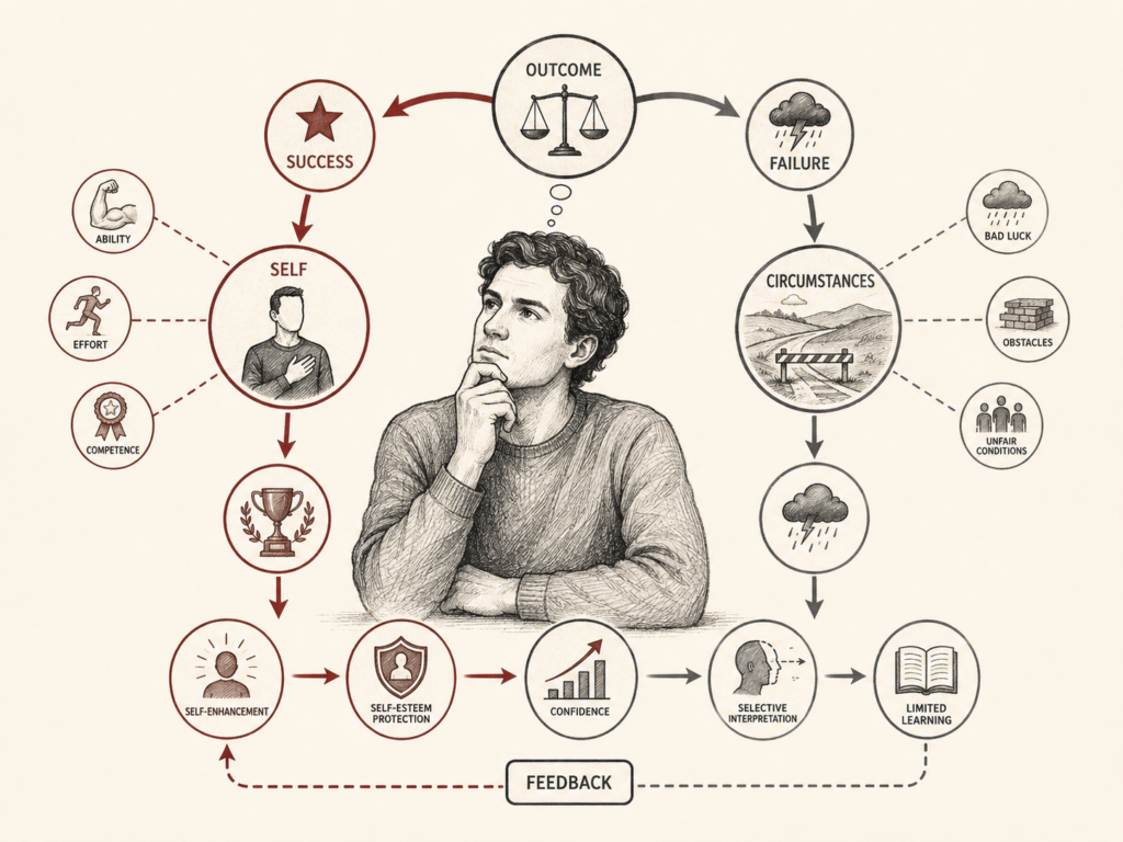 Restrained institutional research illustration showing self-serving bias as a social-cognitive process in which success is attributed to the self, ability, effort, and competence, while failure is attributed to circumstances, bad luck, obstacles, and unfair conditions.