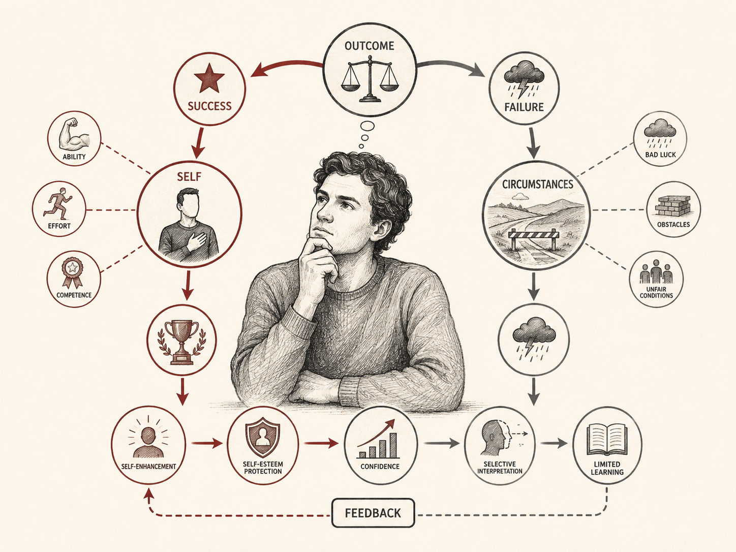 Restrained institutional research illustration showing self-serving bias as a social-cognitive process in which success is attributed to the self, ability, effort, and competence, while failure is attributed to circumstances, bad luck, obstacles, and unfair conditions.