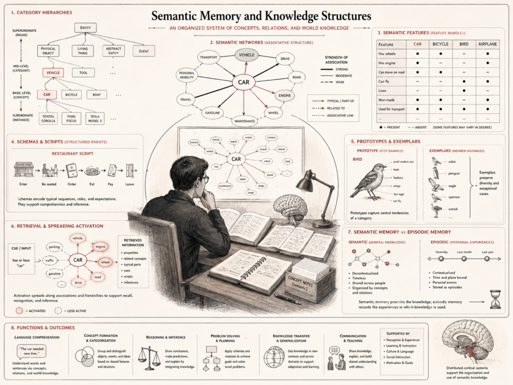 Research-grade cognitive science diagram showing semantic memory as organized knowledge structures, including category hierarchies, semantic networks, feature bundles, schemas, prototypes, exemplars, retrieval cues, spreading activation, and semantic versus episodic memory.