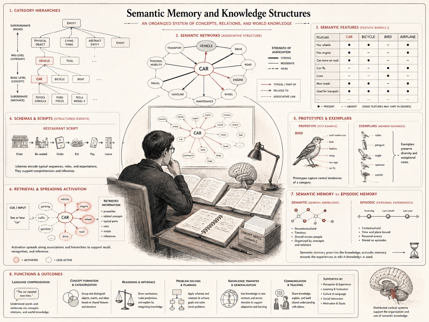 Research-grade cognitive science diagram showing semantic memory as organized knowledge structures, including category hierarchies, semantic networks, feature bundles, schemas, prototypes, exemplars, retrieval cues, spreading activation, and semantic versus episodic memory.