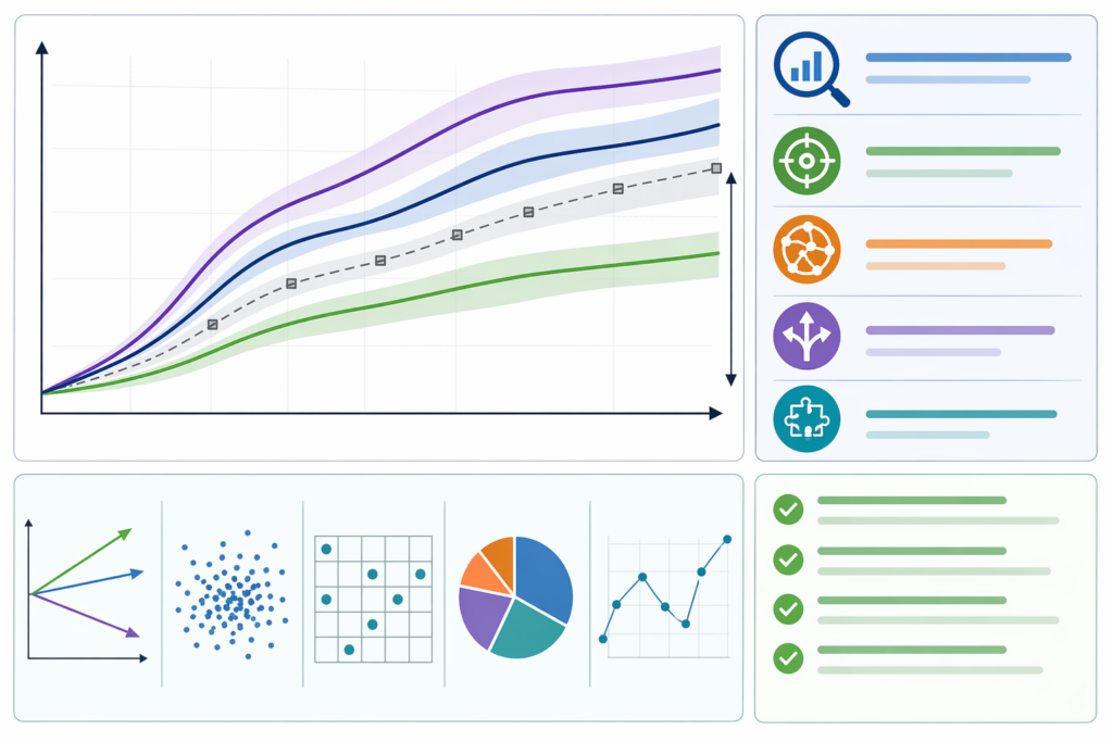 Text-free dashboard-style illustration with a large multi-line trend chart and uncertainty bands, colored sidebar icons, small sampling and chart tiles, and checklist-style status marks.