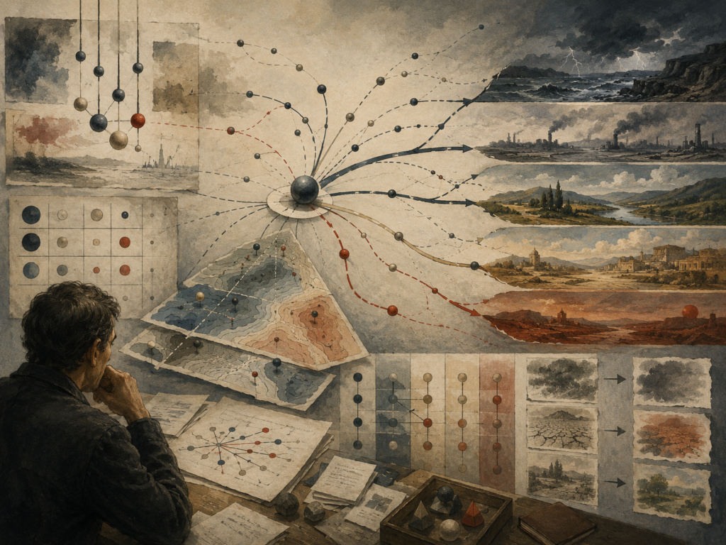 Painterly editorial illustration of sensitivity analysis and scenario comparison with branching pathways, weighted nodes, contour maps, alternative landscapes, uncertainty paths, and a reflective analyst.