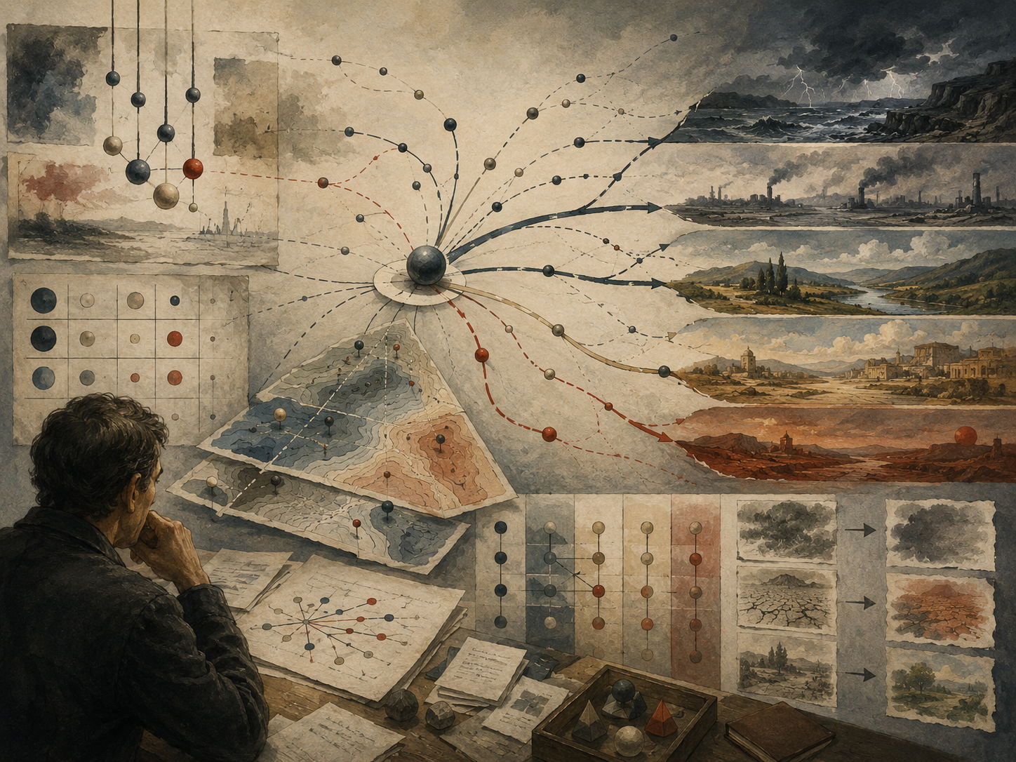 Painterly editorial illustration of sensitivity analysis and scenario comparison with branching pathways, weighted nodes, contour maps, alternative landscapes, uncertainty paths, and a reflective analyst.