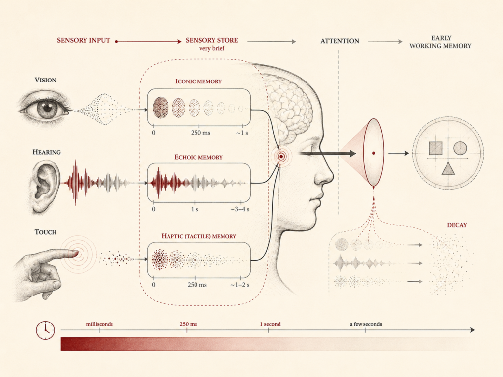 Restrained institutional cognitive psychology diagram showing sensory memory as the earliest stage of information processing, with vision, hearing, and touch entering brief iconic, echoic, and haptic memory stores before attention selects information for early working memory.