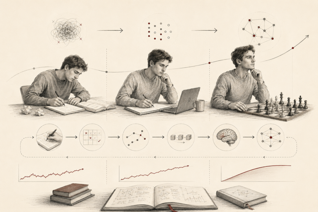Minimal institutional research illustration showing the progression from novice practice to structured learning and expert performance, using a three-stage learning sequence, feedback icons, improvement curves, and knowledge-network diagrams.